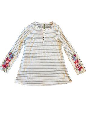 Aratta Silent Journey White Stripe Henley Top Shirt Long Sleeve Embroidered NWT